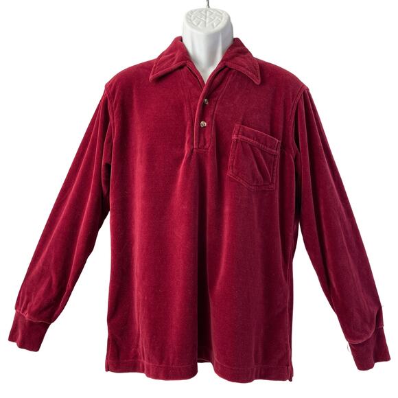VINTAGE 70s Mervyn's Velour Long Sleeve Polo Shirt Size Large - Picture 1 of 5